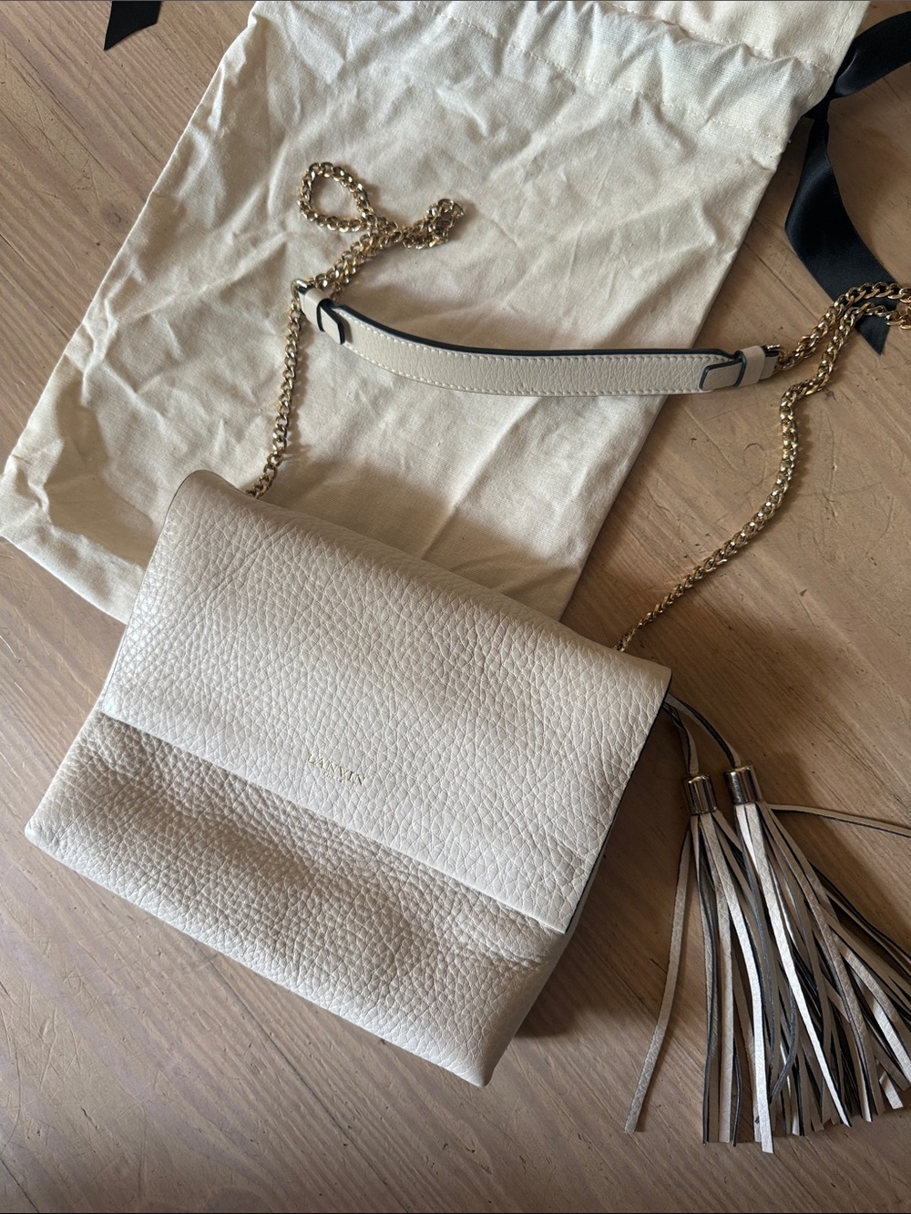 Lanvin Cream Pebbled Leather Crossbody with Gold Chain and Tassel
